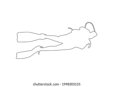 Vector black line silhouette of a diver isolated on white background
