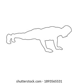 Vector black line silhouette of a man doing push ups exercise isolated on white background