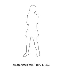 Vector black line silhouette of a standing girl in a dress isolated on white background
