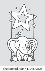 Vector black line sitting baby elephant on a swing. Holding flower. Light grey background.