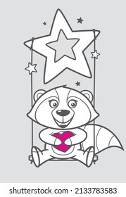 Vector Black Line Sitting Baby Raccoon Girl On A Swing. Holding Heart. Light Grey Background.