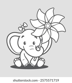 Vector black line sitting baby elephant holding pinwheel. Coloring book. Isolated on white background