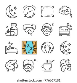 Vector black line Sleep icons set. Includes such Icons as Moon, Pillow, Sheep.