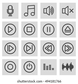 Vector black line sound icons set on grey background