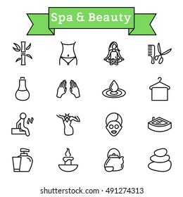 Vector black line Spa & Beauty icons set on white background