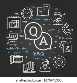 Vector black line square banner of online support and technical assistant. Questions and answers icon in center. Mobile chatting, personal operator, web service and cloud storage icons with text