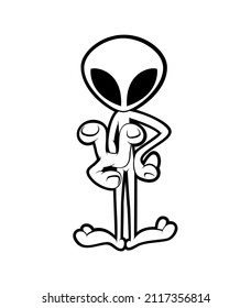 Vector black line standing alien character. Isolated on white background.