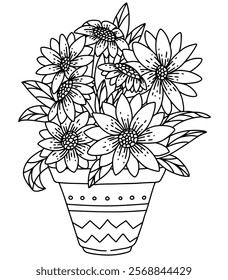 Vector black line sunflower plant in flower pot. Coloring book design, minimalism, home decoration