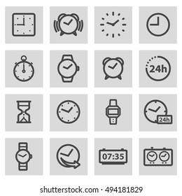 Vector black line time icons set on grey background