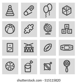 Vector black line toys icons set on grey background
