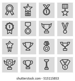 Vector black line trophy and awards icons set on grey background