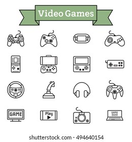 Vector black line Video game  icons set on white background. joystick, console, Tetris, headphones, mobile, tv.