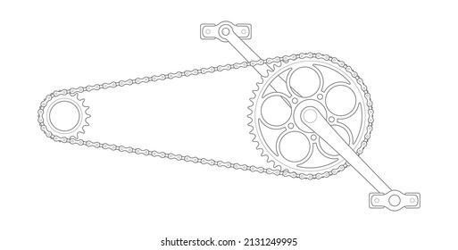 Vector black line vintage bicycle crank with chain. Fixed gear. Single Speed. Isolated on white background.