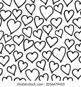 Vector black line work hearts on a white background seamless pattern. Hand drawn, fun and lighthearted design. Perfect for fabric, wallpaper, scrapbooking and stationery.