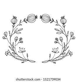 vector black line wreath with buds, branches and leaves