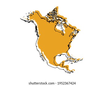 Vector black line and yellow map of North America
