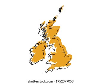 Vector black line and yellow map of United Kingdom (UK)