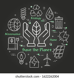 Vector black linear banner of concept save the planet