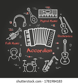 Vektorschwarz-Linearbanner für Musik - Akkordeoninstrument