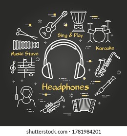 Vector black linear banner for music - vocal headphones