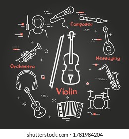 Vektorschwarz-Linearbanner für Musik - Violine und Bogen