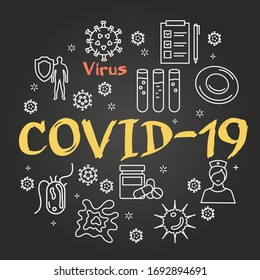 Schwarze Vektorillustration-Linearkonzept der Coronavirus-Pandemie - COVID-19