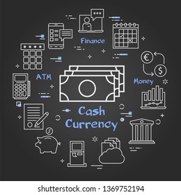 Vector black linear concept of finance, banking and accounting. White icon of cash banknotes currency. Safe and secure money mobile payment transactions on chalk board background