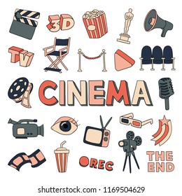vector black linear illustration related to cinema, movies and filming colored in pastel pink and blue colors