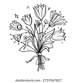 Vektor schwarze Linien Bouquet von Tulpen - Doodle für Grußkarte.
