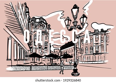 Vector black lines cityscape of Odessa, Ukraine on the pink background 