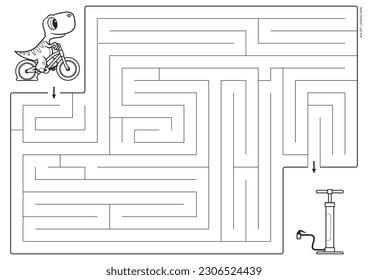 Vector black lines forming a maze. A4 format. Educational maze coloring book with a little dinosaur riding a bicycle with a flat tire looking for a pump to inflate the bike.