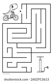 Vector black lines forming a maze. A4 format. Educational maze coloring book with a little dinosaur riding a bicycle with a flat tire looking for a pump to inflate the bike. Portrait size.