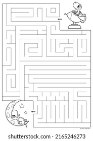 Vector black lines for maze print. A4 format. Educational maze coloring book with a cute cartoon little dinosaur who wants to fly to the moon. Landscape size.