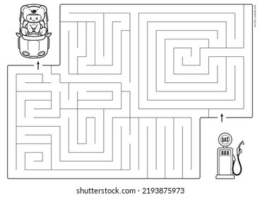 Vector black lines for maze print. A4 format. Educational maze coloring pages with a small child dressed as a teddy bear sitting in a car looking for a gas station.