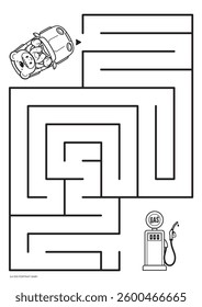 Vector black lines for maze print. A4 format. Educational maze coloring pages with a small child dressed as a teddy bear sitting in a car looking for a gas station. Portrait size.