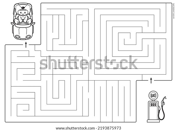 Vector black lines for maze\
print. A4 format. Educational maze coloring pages with a small\
child dressed as a teddy bear sitting in a car looking for a gas\
station.