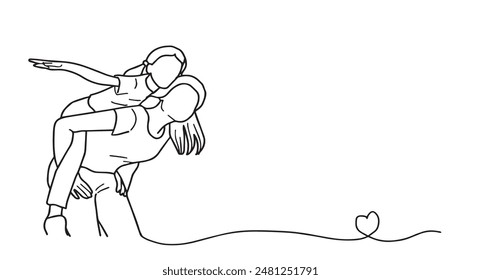 Vector black lines on a white background, hand drawn style, image of a mother holding her daughter on her back while the daughter pretends to fly. The lines are drawn together with a heart at the end.