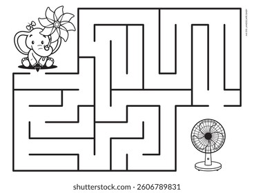 Vector black lines for printable maze. A4 format. Coloring book educational maze with a little elephant with a pinwheel looking for a fan. Size landscape.