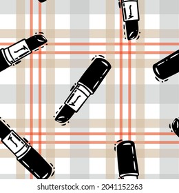 Vector Black Lipstick Lineart On Classic Tartan seamless pattern background. Perfect for web design fabric, wallpaper and scrapbooking projects.