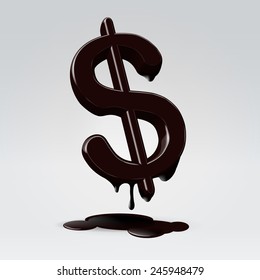 Vector black liquid 3d dollar sign melting into a puddle of crude oil over light background