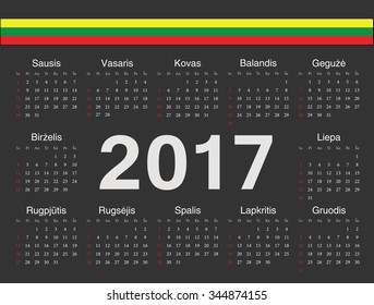 Vector black Lithuanian circle calendar 2017. Week starts from Sunday.