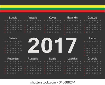 Vector black Lithuanian circle calendar 2017. Week starts from Sunday.