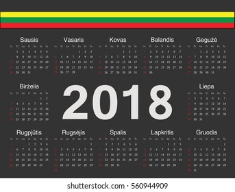Vector black Lithuanian circle calendar 2018. Week starts from Sunday.