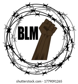 Pancarta de "Vector Black Lives Matter" con alambre de púas para la protesta aislado de fondo blanco. Se Levantó El Puño.