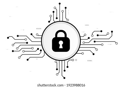 Vector black lock button with the circuit board and password on a white screen to login for cyber security technology background