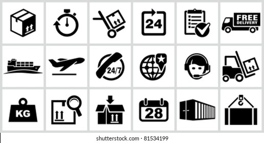 Vector black logistics and shipping icons set. All white areas are cut away from icons and black areas merged.