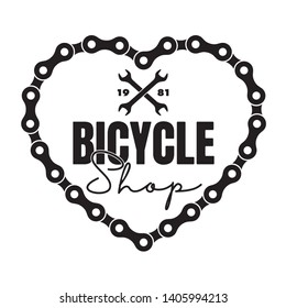 Vector black logo heart from bike chain with text bicycle shop created. Isolated on white background.