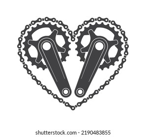 Vector black logo. Symbol heart with bicycle crank and chain. Tattoo symbol love bike. Isolated on white background