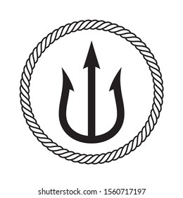 Vector Black Logo Trident In Rope Circle. Isolated On White Background.