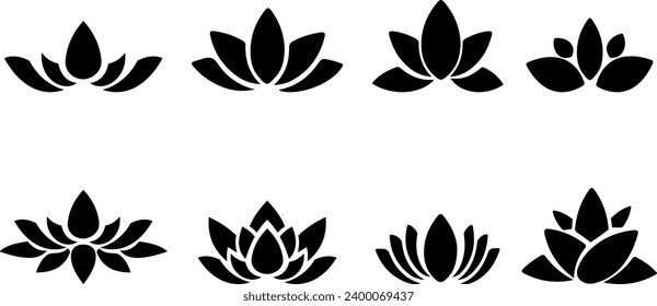 Vector black lotus icons set on white background. Lotus plant. Lotus flower